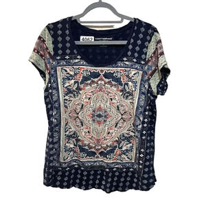 Lucky Brand Navy Blue Boho Top 1X Women's Short Sleeve Blouse Mandala Hippie